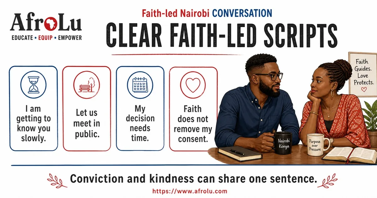 Illustrated conversation guide for Keep Faith-Led Nairobi Dating Clear and Low Pressure.