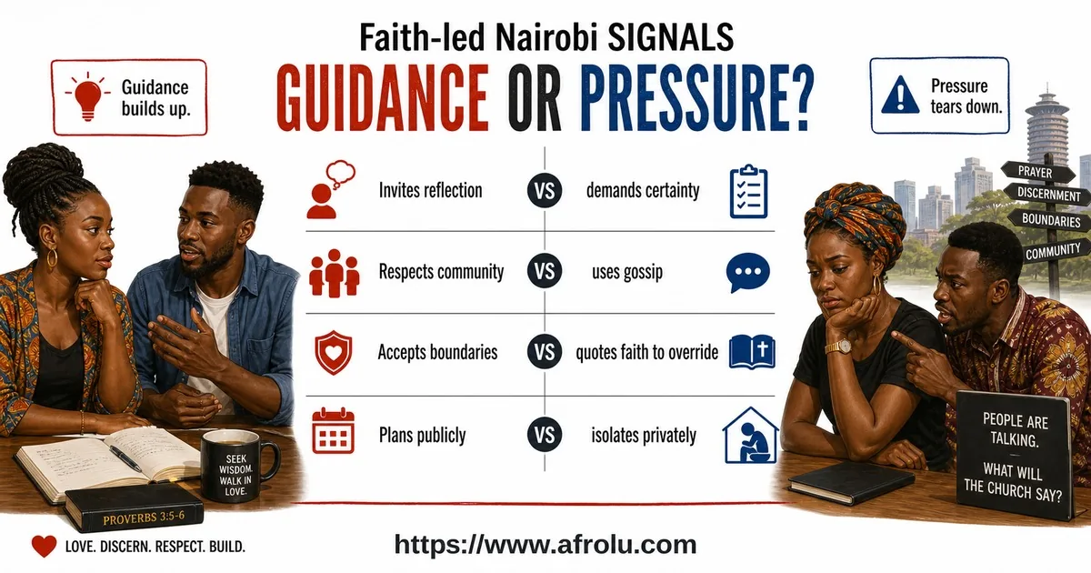 Illustrated signals guide for Keep Faith-Led Nairobi Dating Clear and Low Pressure.