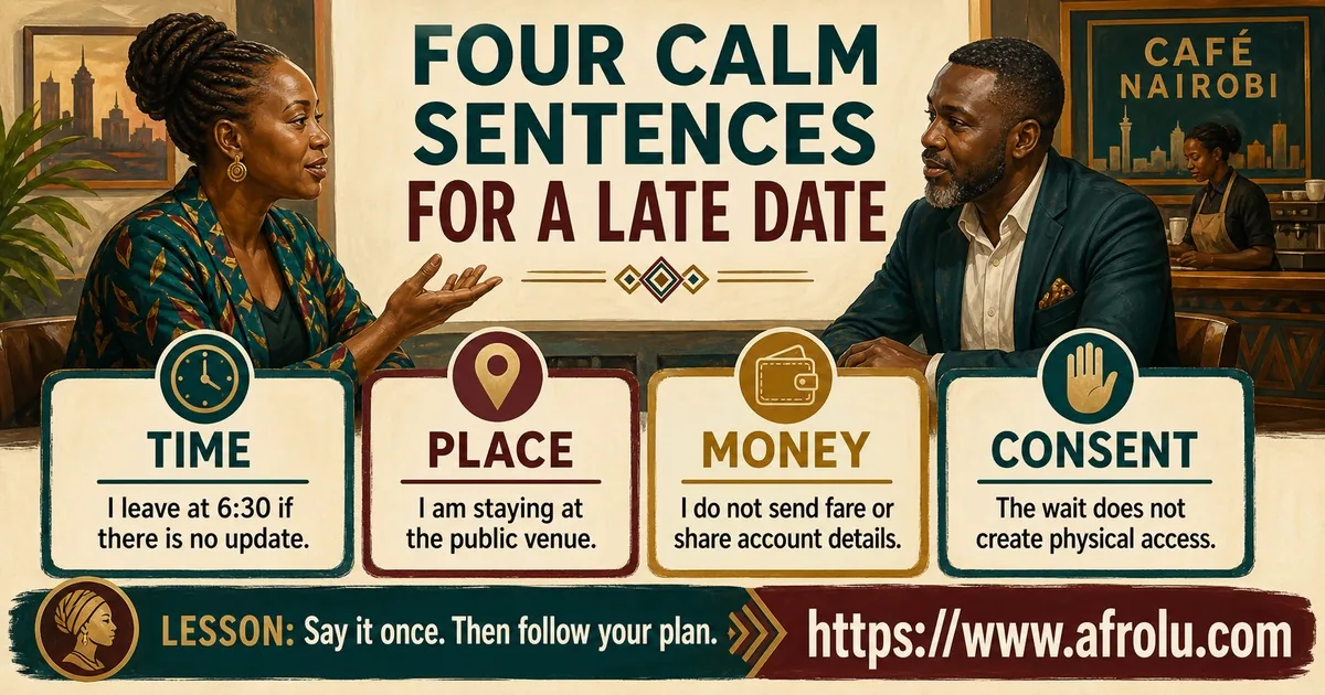 Four calm sentences address time, place, money, and consent when a date is late.