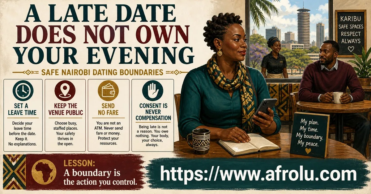 A mature Black woman at a staffed Nairobi cafe reviews four boundaries for a late date.