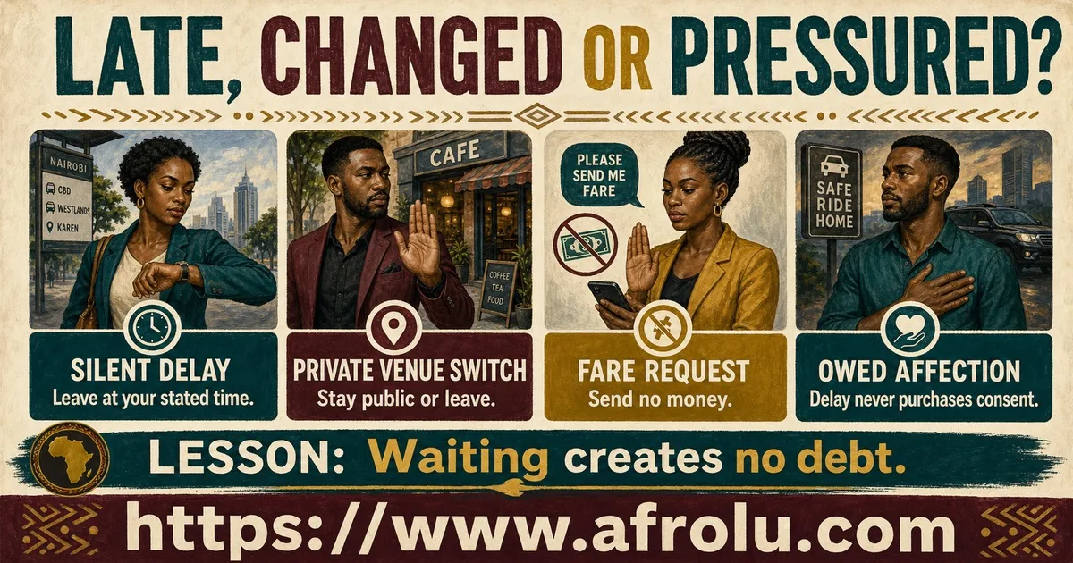 Four panels explain silent delay, a private venue switch, a fare request, and owed affection.