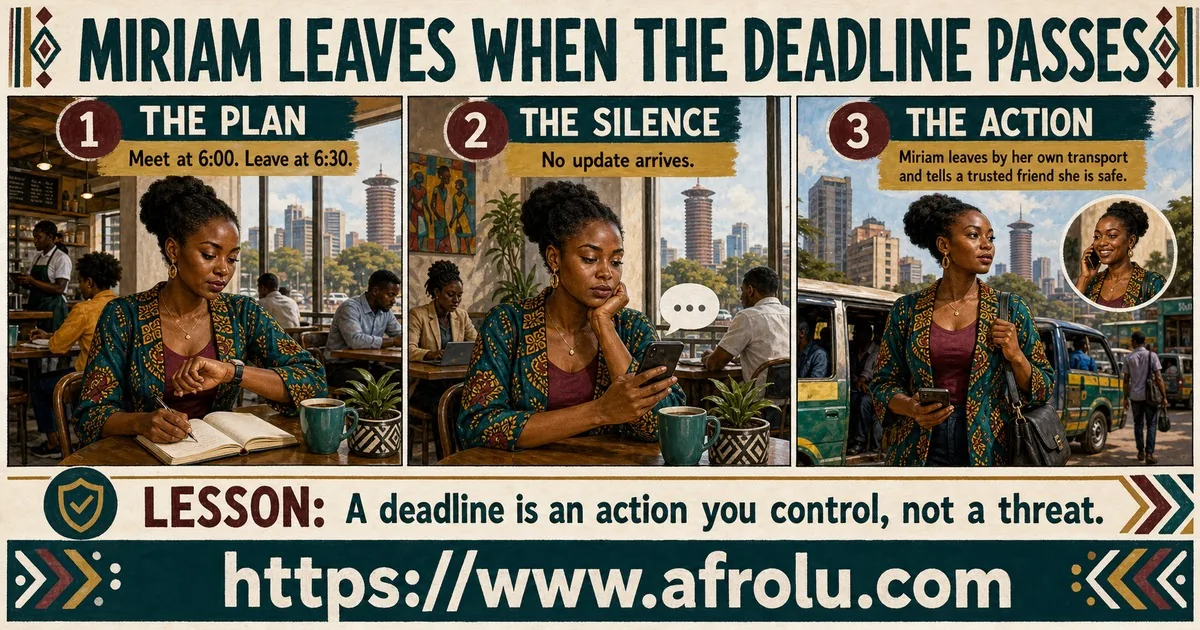 Miriam leaves a Nairobi cafe when her stated deadline passes without an update.