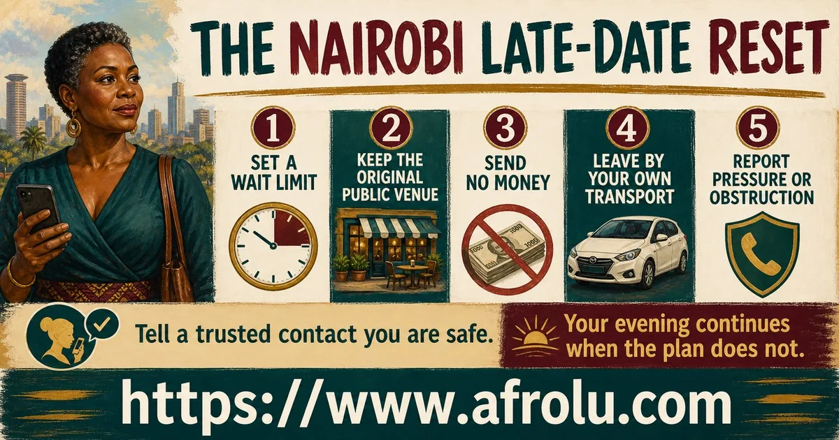 A five-step Nairobi late-date reset covers waiting, venues, money, transport, and reporting.