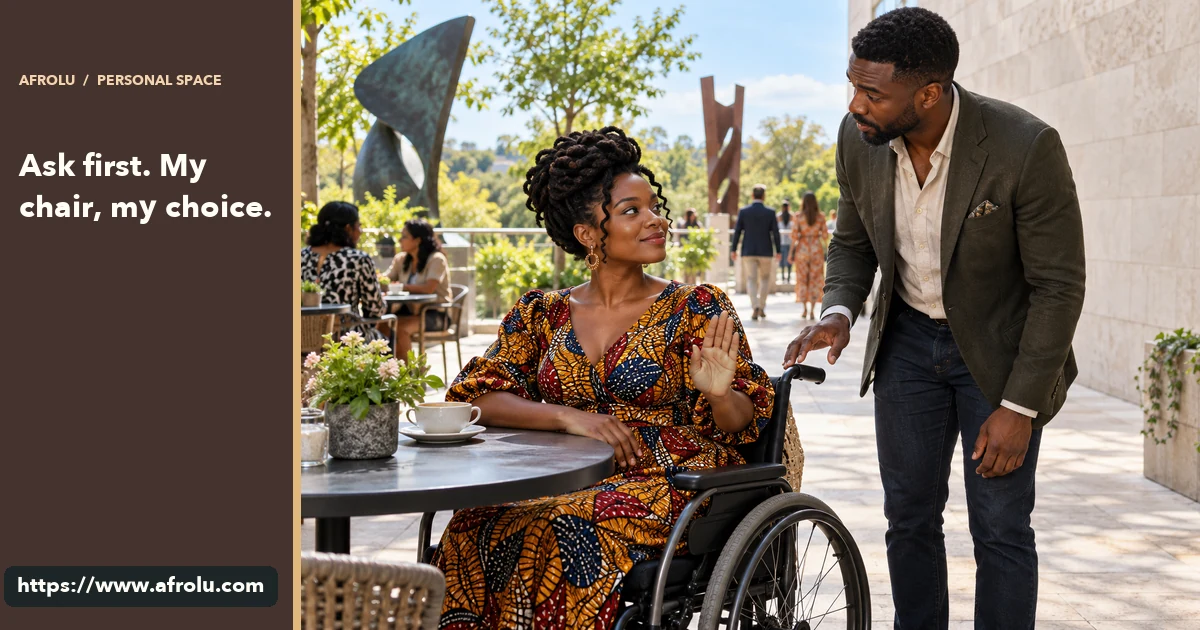 A seated wheelchair user signals a date to stop reaching for her chair handle.