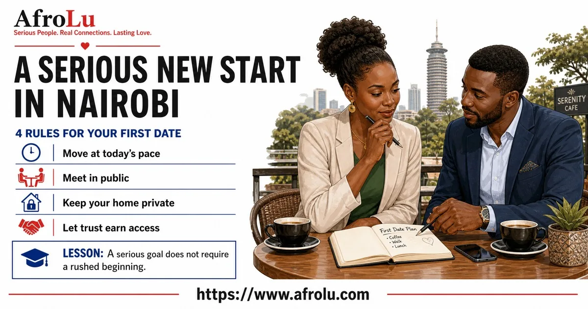 Illustrated opening guide for Set Serious Dating Boundaries for a New Nairobi Chapter.