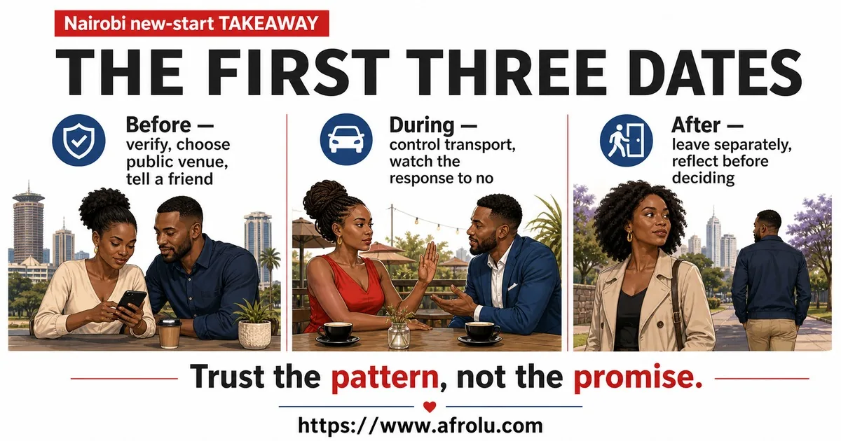Illustrated action guide for Set Serious Dating Boundaries for a New Nairobi Chapter.