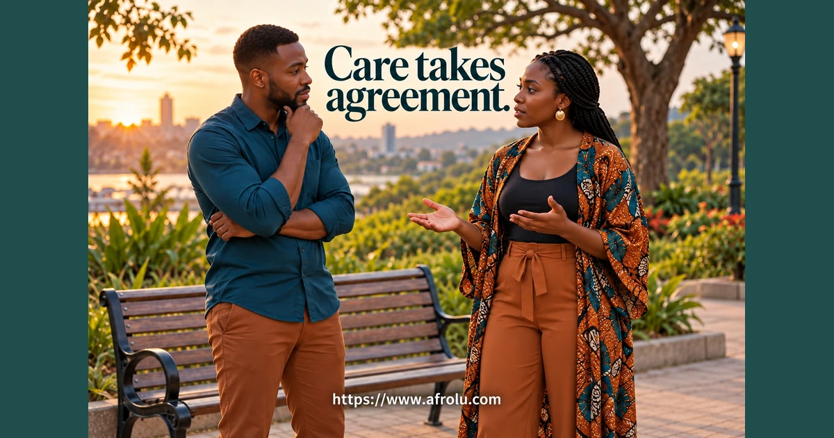 Two adults discuss plans beside a public park bench.