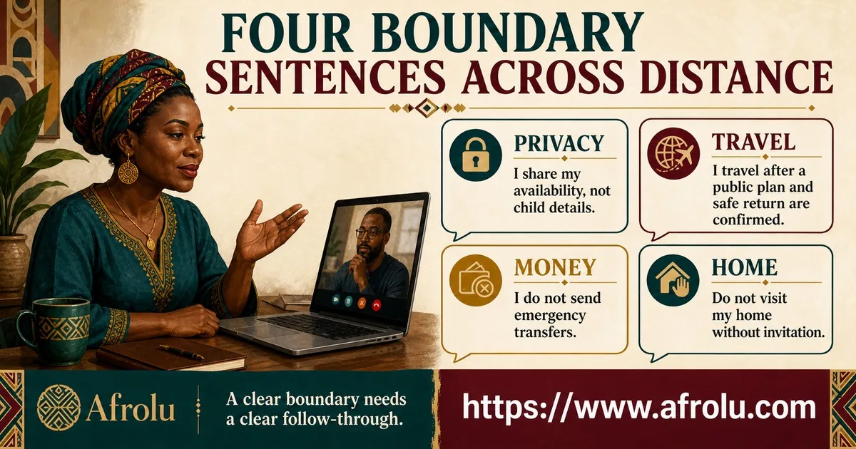 A parent uses four clear long-distance boundary sentences about privacy, travel, money, and home.