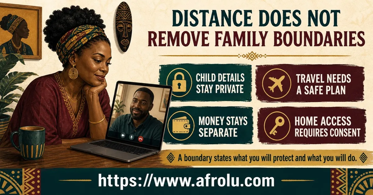 An adult Black parent on a long-distance video call beside four family boundary rules.