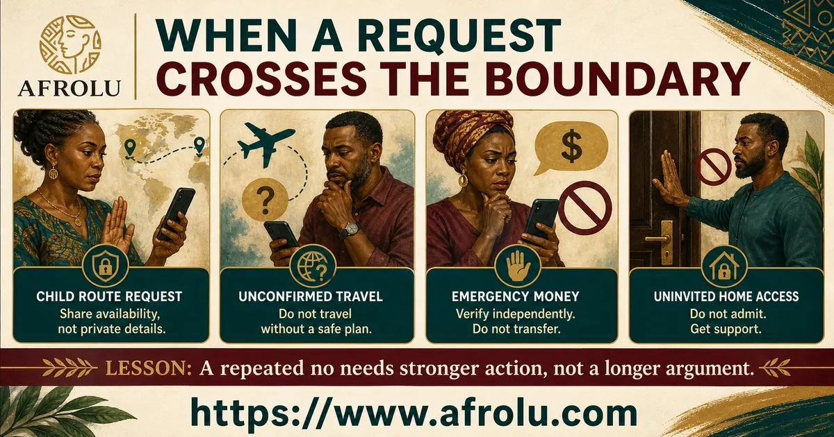 Four adult-only scenes show child-route requests, unconfirmed travel, emergency money, and uninvited home access.
