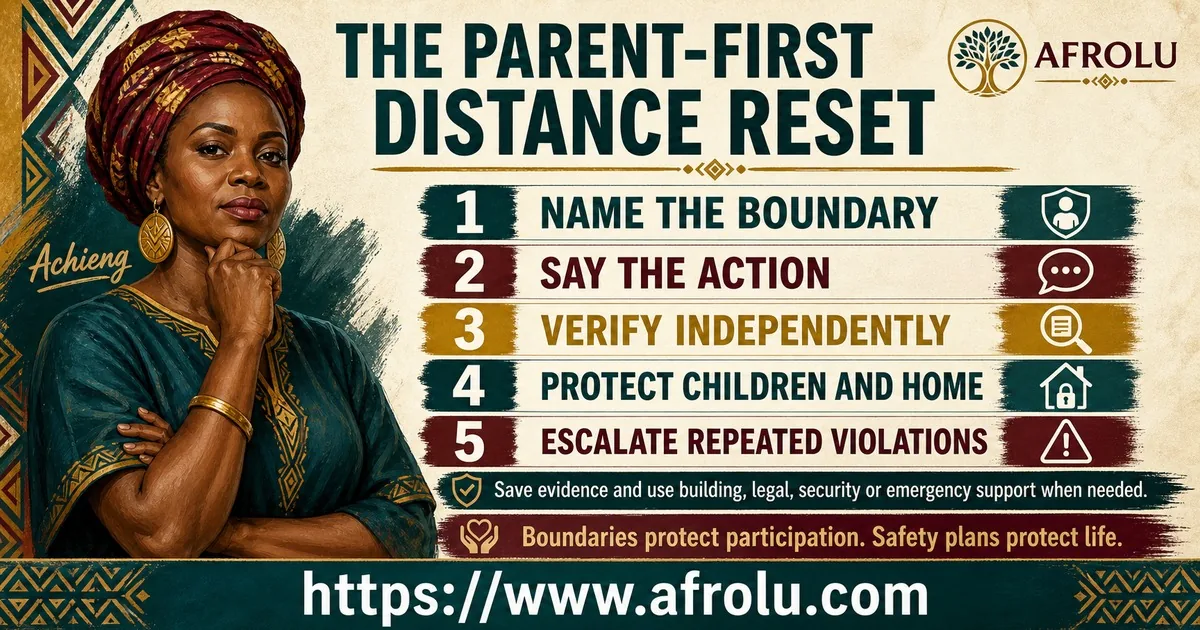 A five-step parent-first distance reset covers boundaries, actions, verification, home safety, and escalation.