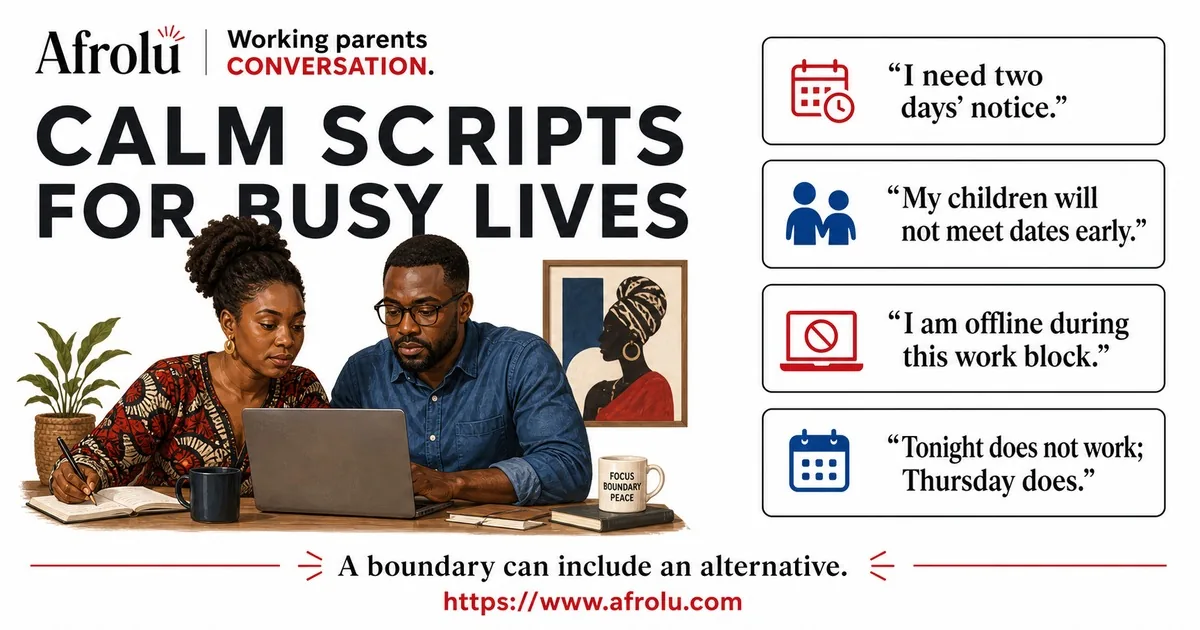 Illustrated conversation guide for Set Low-Pressure Dating Boundaries Around Parenting and Work.