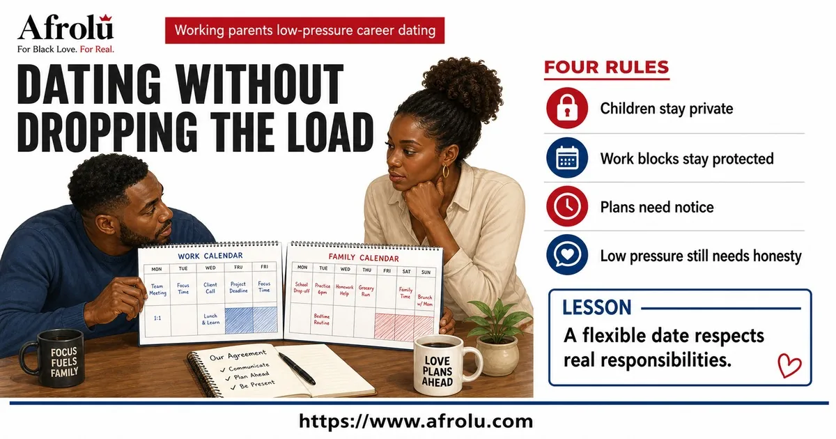 Illustrated opening guide for Set Low-Pressure Dating Boundaries Around Parenting and Work.