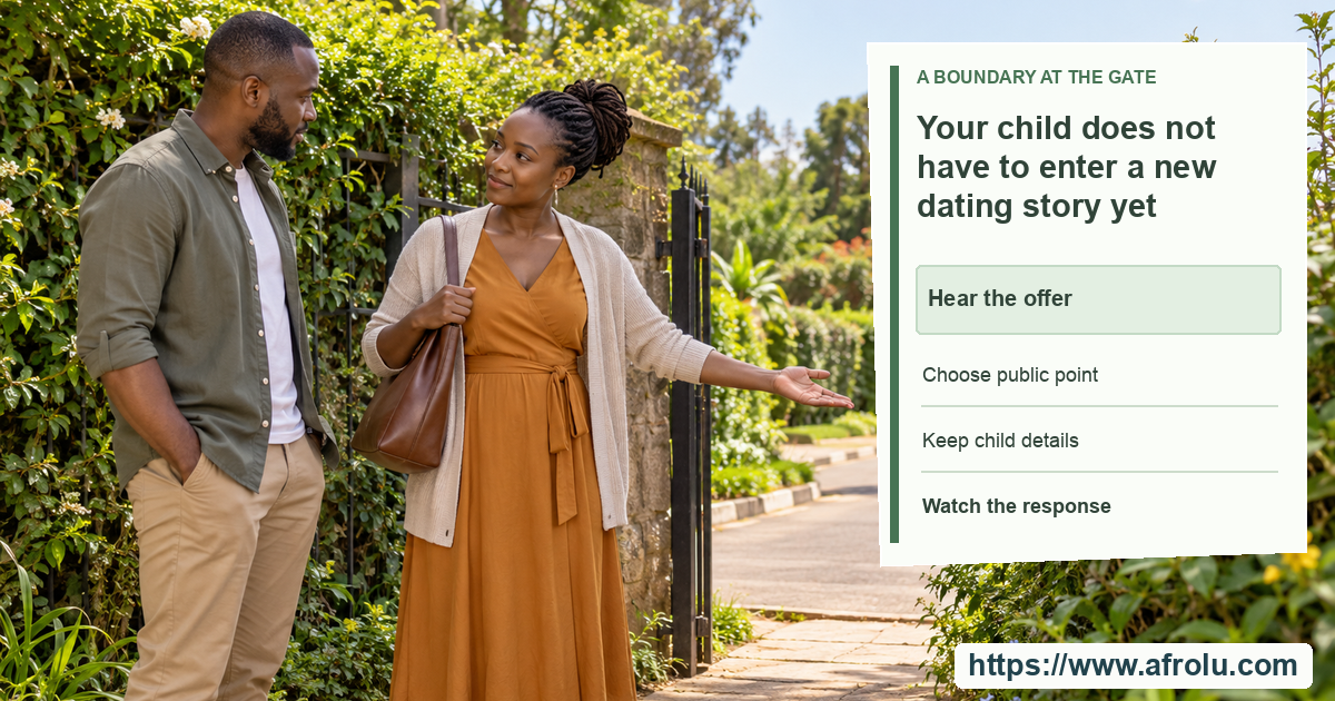 Two adults walk on a public Nairobi garden path; a parent calmly pauses beside a path-edge gate, with no child present.