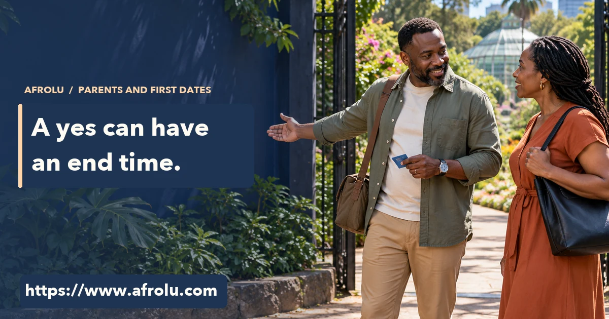 Two adults at a public garden gate discuss a meeting while each carries a separate day bag.