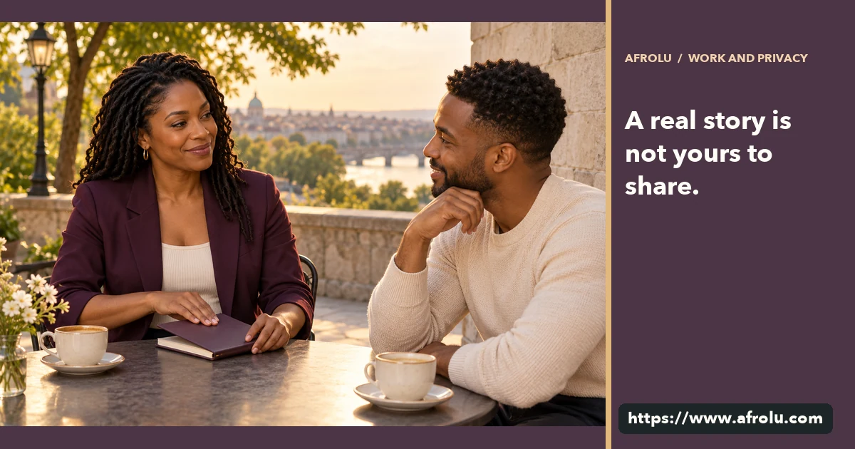 An adult professional closes an unmarked work notebook while talking with a date outdoors.