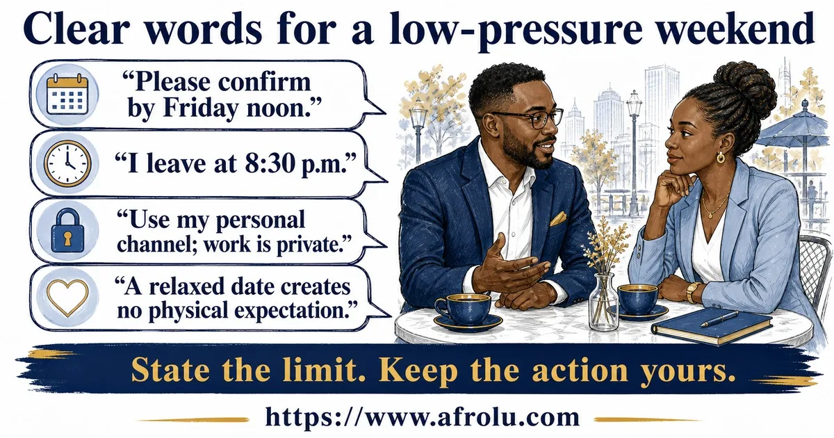 Illustrated conversation guide for Set Professional Weekend Dating Boundaries Without Pressure.