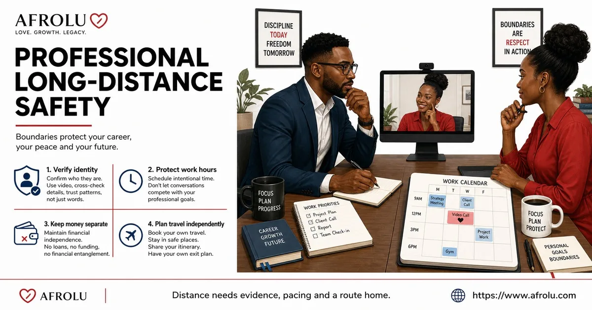 Two Black professionals plan long-distance dating around identity checks, work hours, separate money, and independent travel.