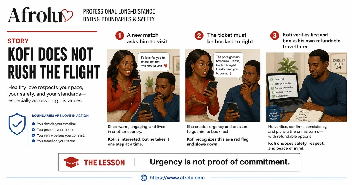 Kofi refuses to rush a flight after a new match creates a same-night booking deadline.