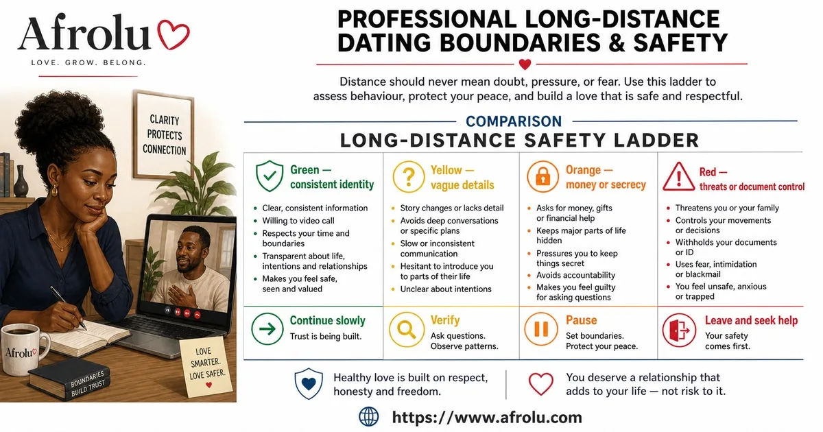 A four-level ladder compares consistent identity, vague details, money or secrecy, and threats or document control.