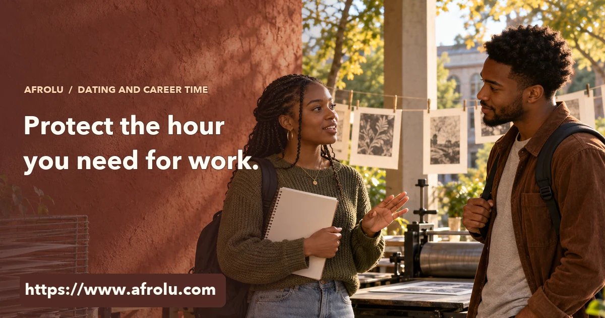 An adult student holding an interview notebook speaks with another adult beside a campus print studio.