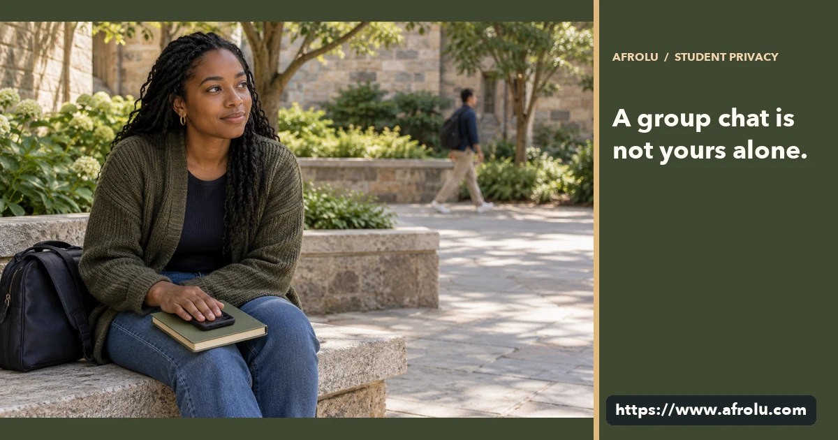 Adult student rests a hand over a face-down phone and closed notebook in a public courtyard.