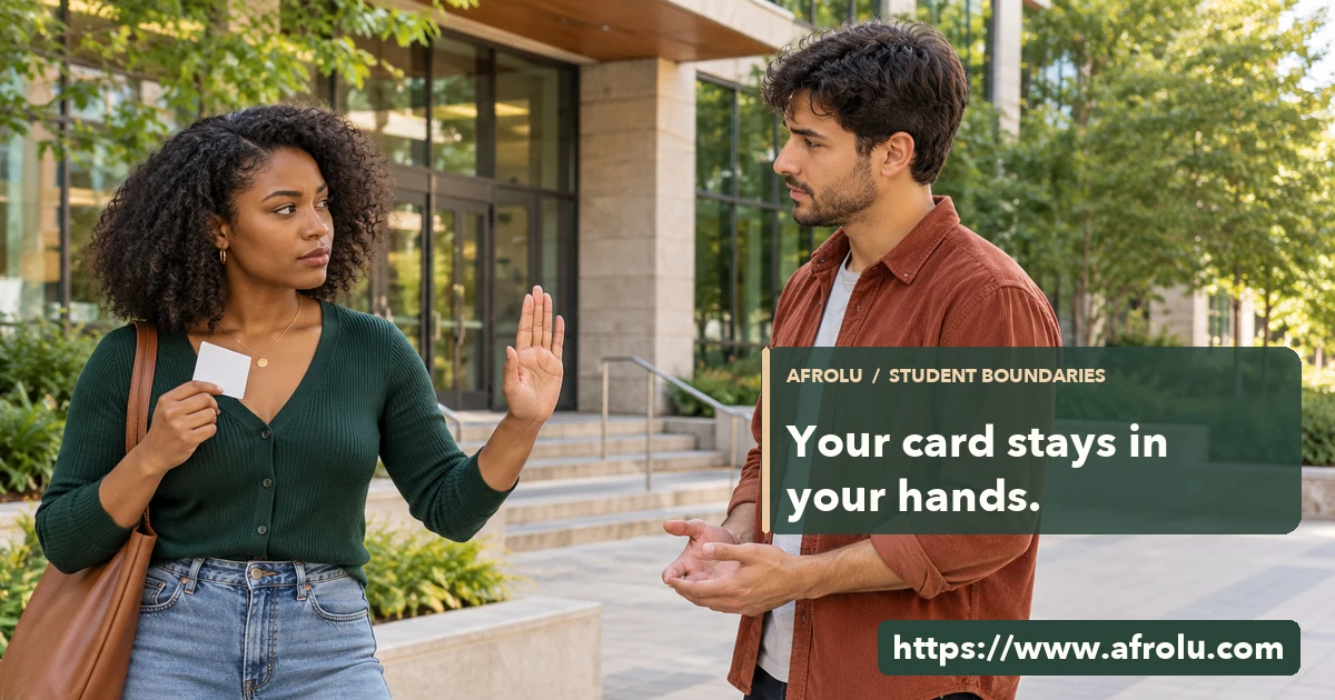 Adult student keeps an unmarked card in hand while speaking with a date outside a campus entrance.