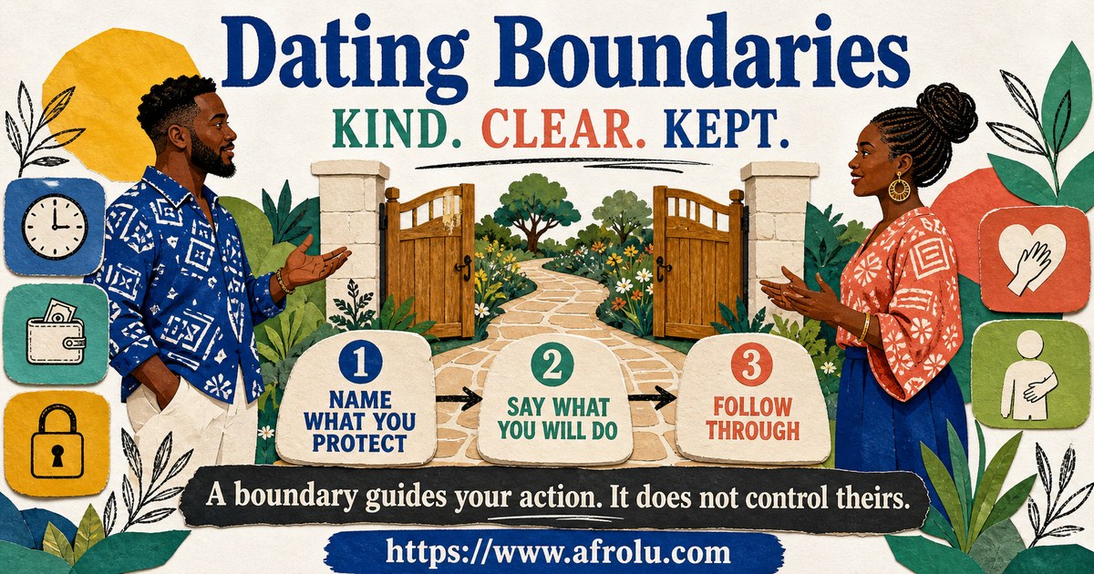 Illustrated dating boundaries guide showing how to name a limit, state an action, and follow through kindly