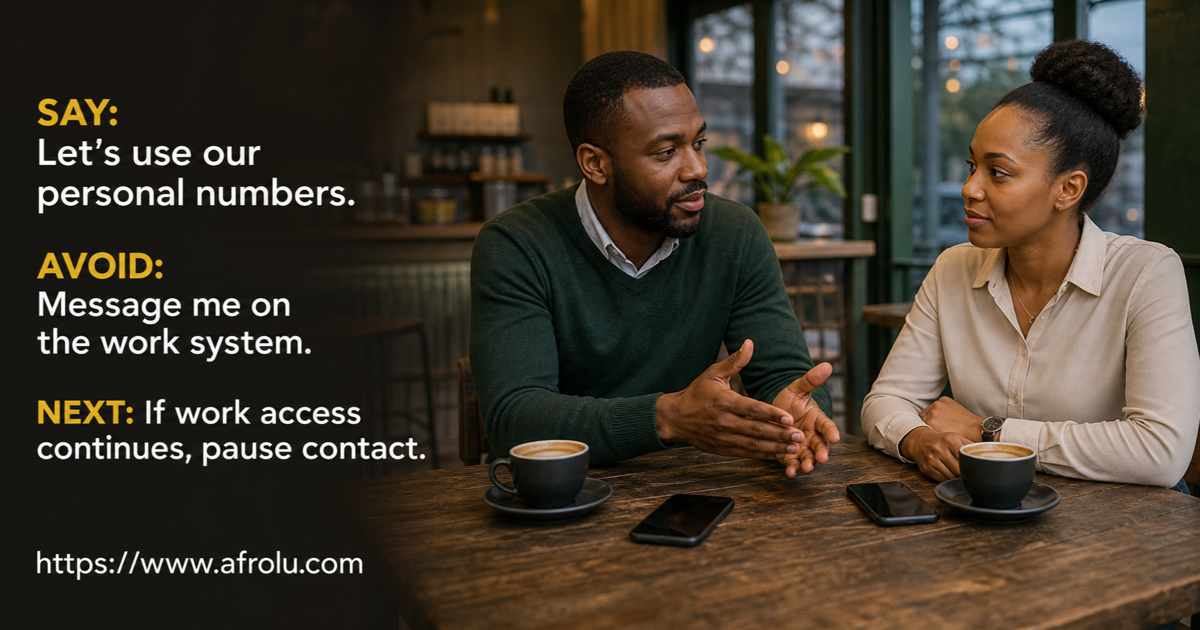 Two adult Kenyan professionals discussing keeping dating messages away from employer systems