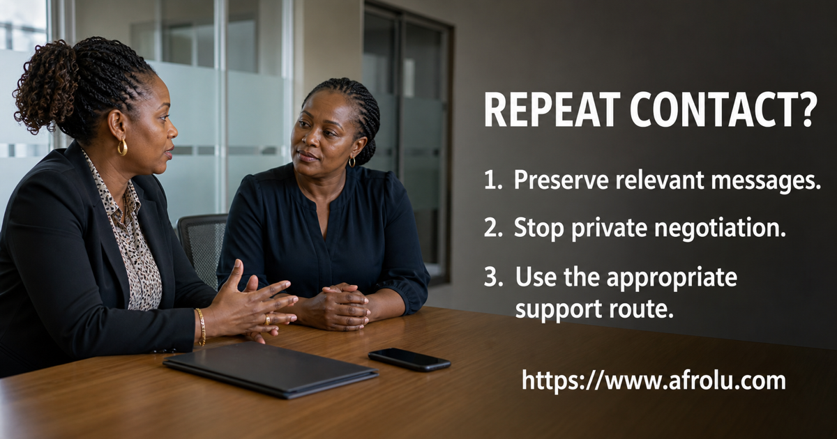 Two adult Kenyan professionals having a discreet workplace support conversation