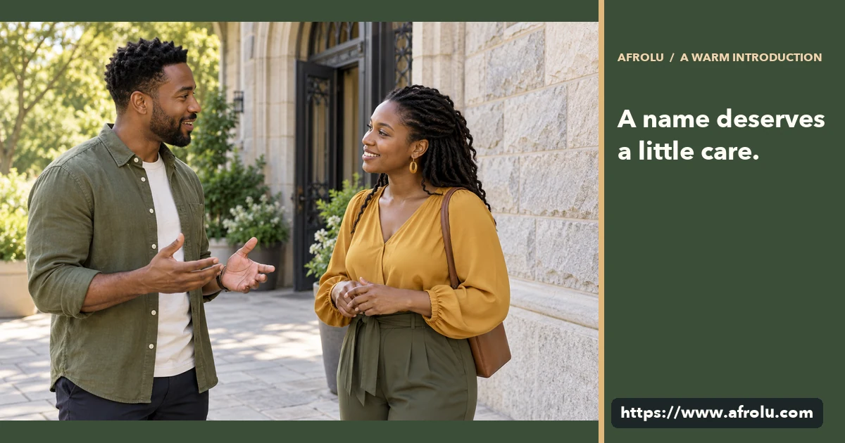 Two adults greet one another at a community event, listening with relaxed attention.