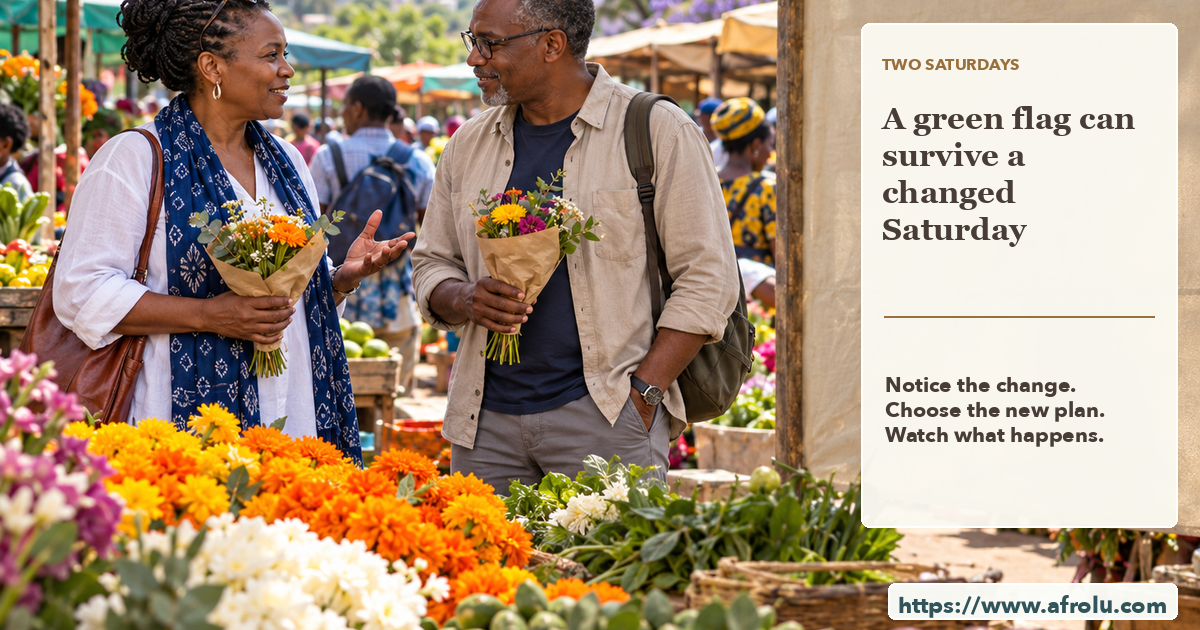 Two mature adults at an open-air flower market each hold a separate small flower bundle while choosing their rescheduled weekend outing together.