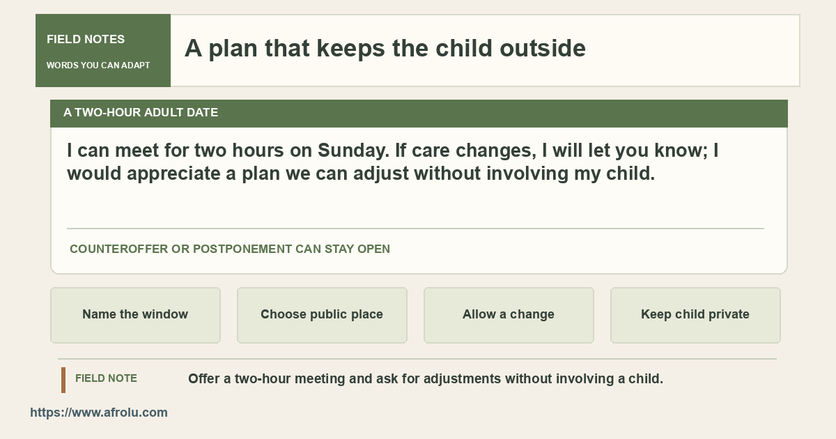 A handwritten-style meeting card states a two-hour public window and a child privacy limit.