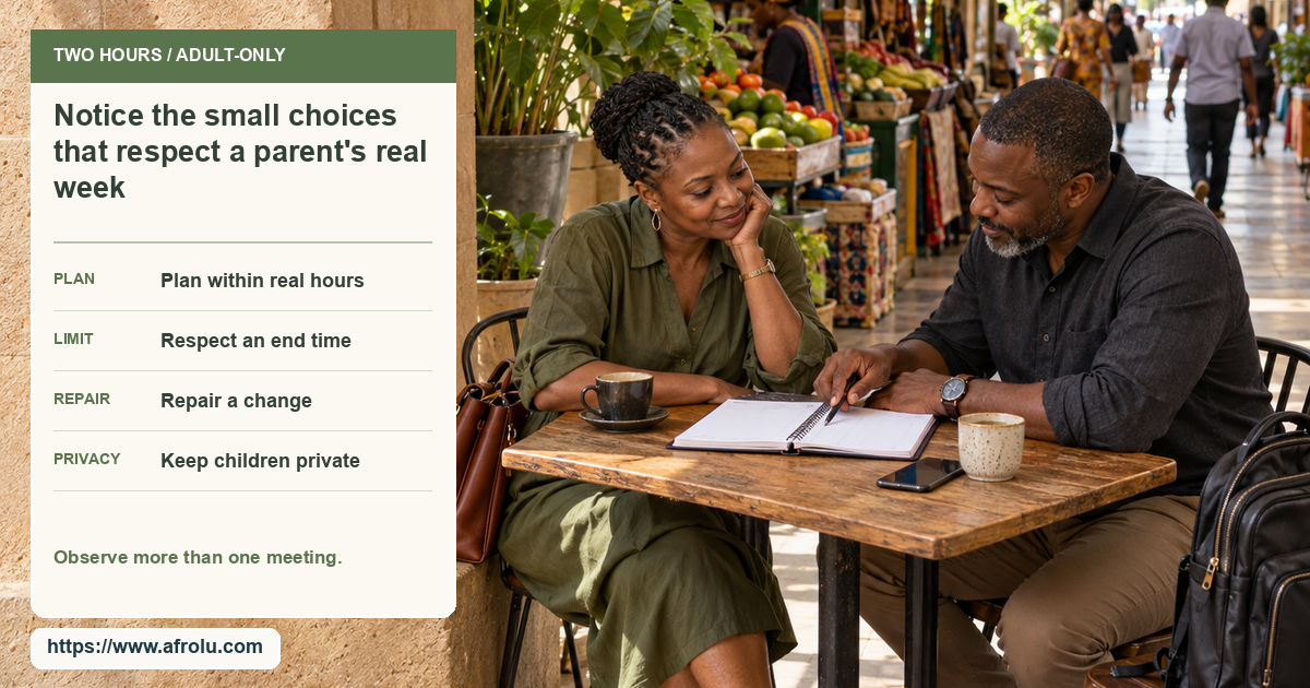 Two adults look at a paper day planner at a covered public market table, with an open walkway behind them.