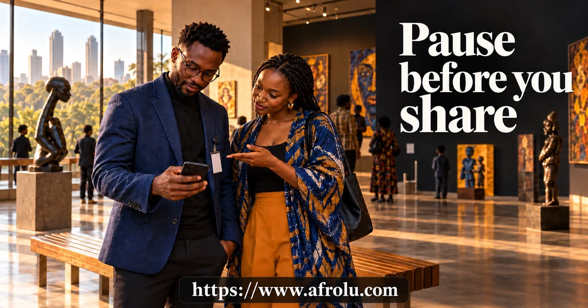 Two adults look at a phone; one wears a work badge.