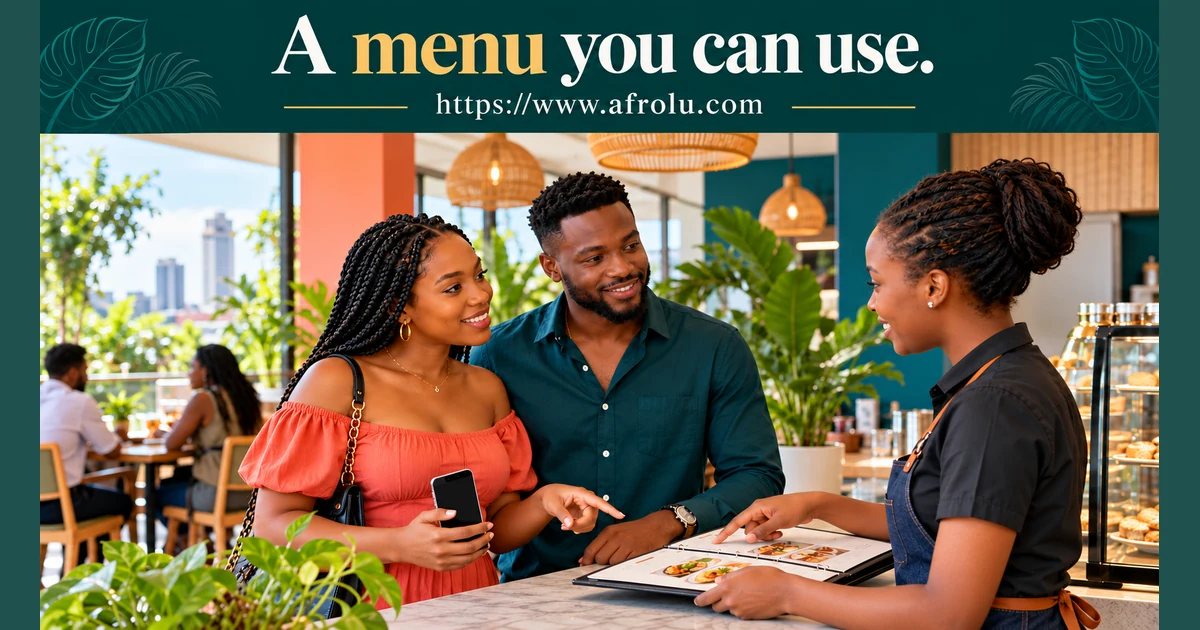 Two adult daters speak with a café worker about menu choices.