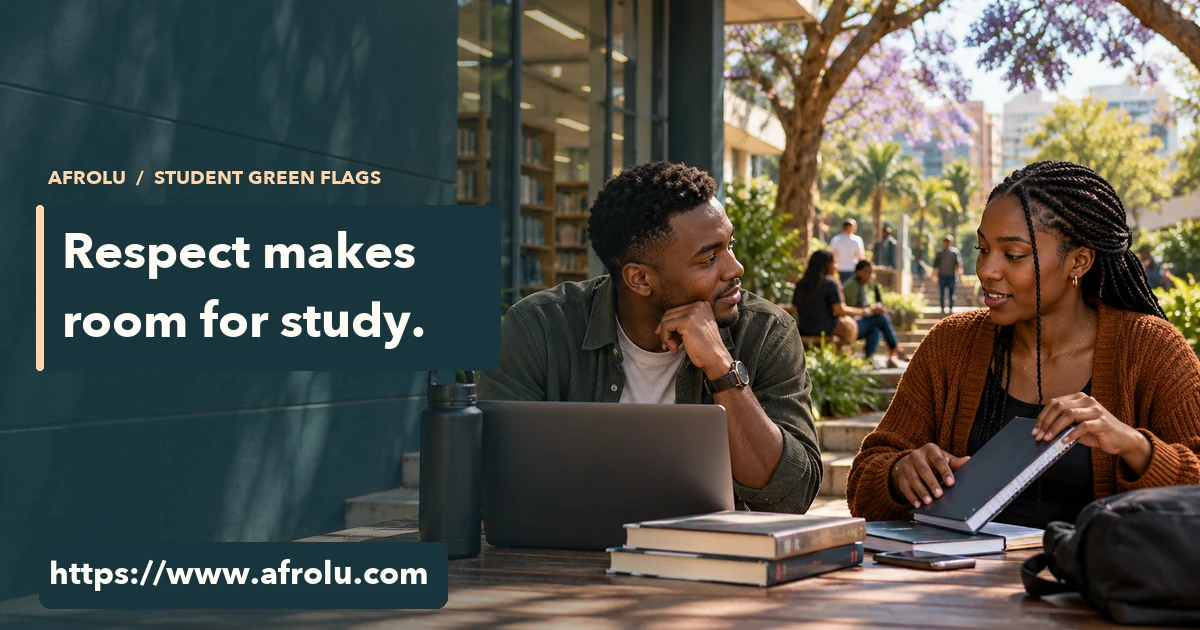 Two adult university students listen to each other beside study materials in a shaded Nairobi campus courtyard.