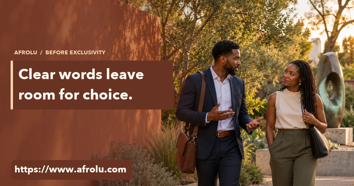 Two adults with separate work bags speak while walking through a public sculpture garden.