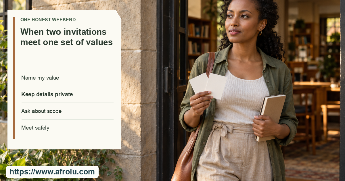 An adult leaves a community reading room holding two blank invitation cards separately, pausing before choosing the weekend's pace.