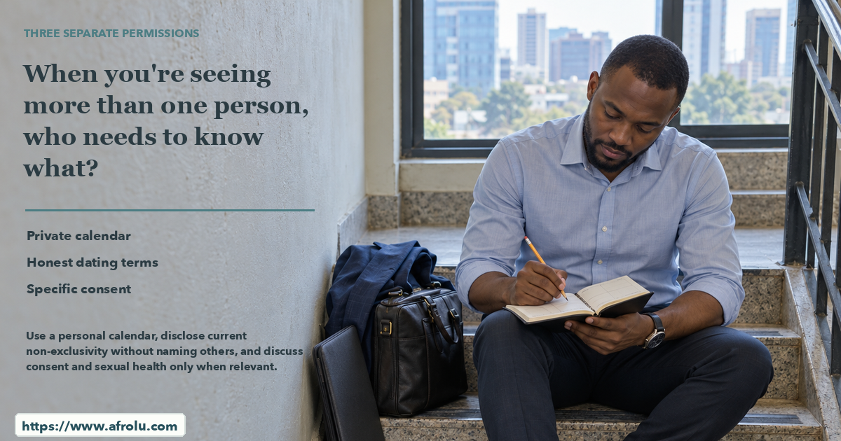 An adult professional reviews an unlettered personal planner beside a work bag on an ordinary Nairobi stairwell.