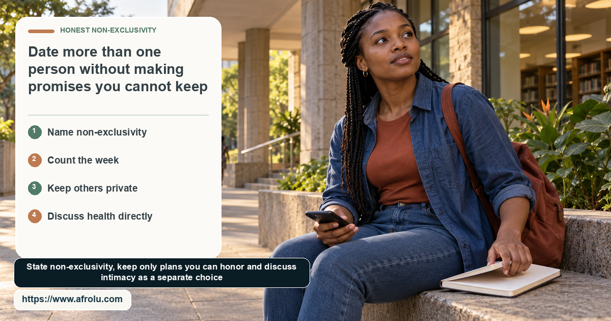 A Black adult closes a plain notebook on a campus bench while holding a phone screen-down.