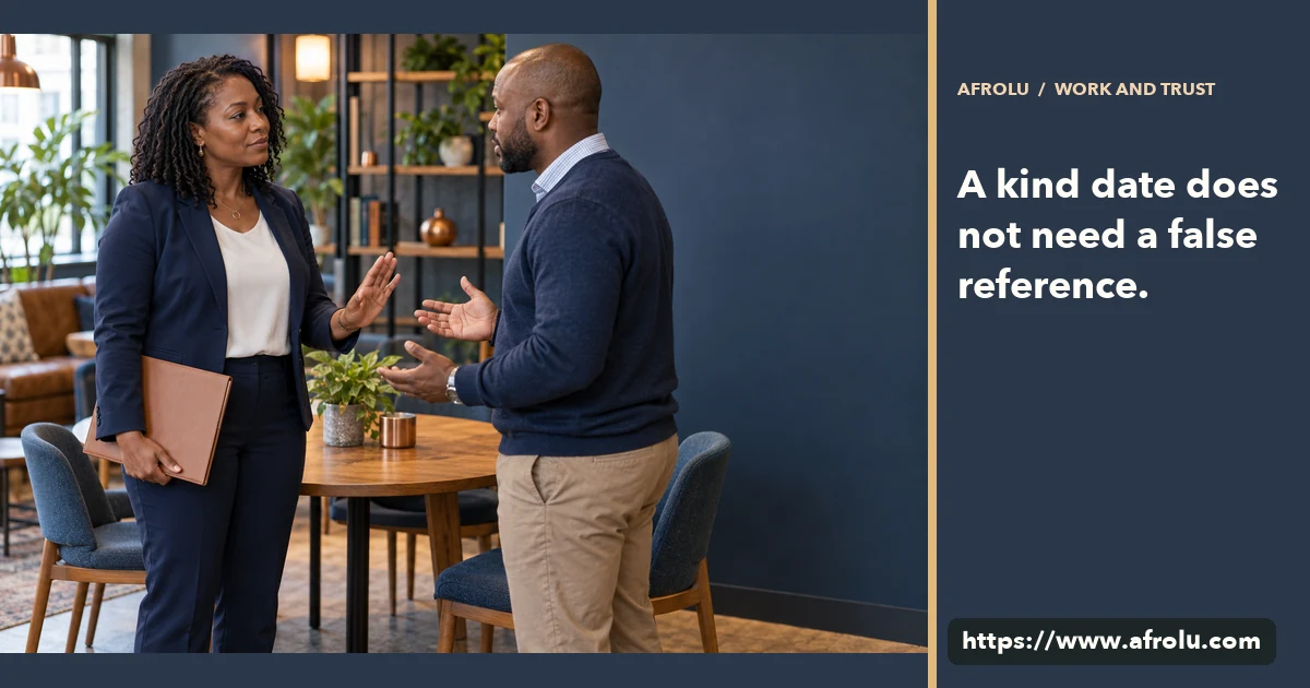 Two adult professionals talk in a shared lounge as one holds a closed folder and signals a boundary.