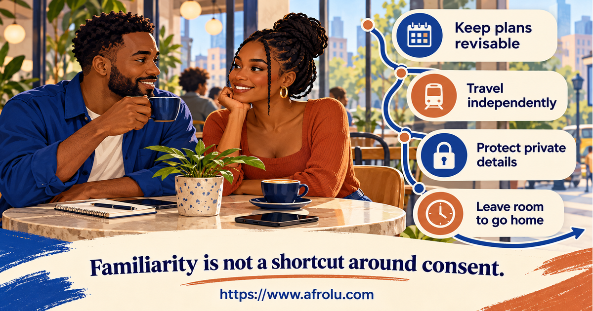 Two fictional diaspora adults in a bright public city cafe use a low-pressure weekend route map with independent travel, time-zone, privacy and exit cues