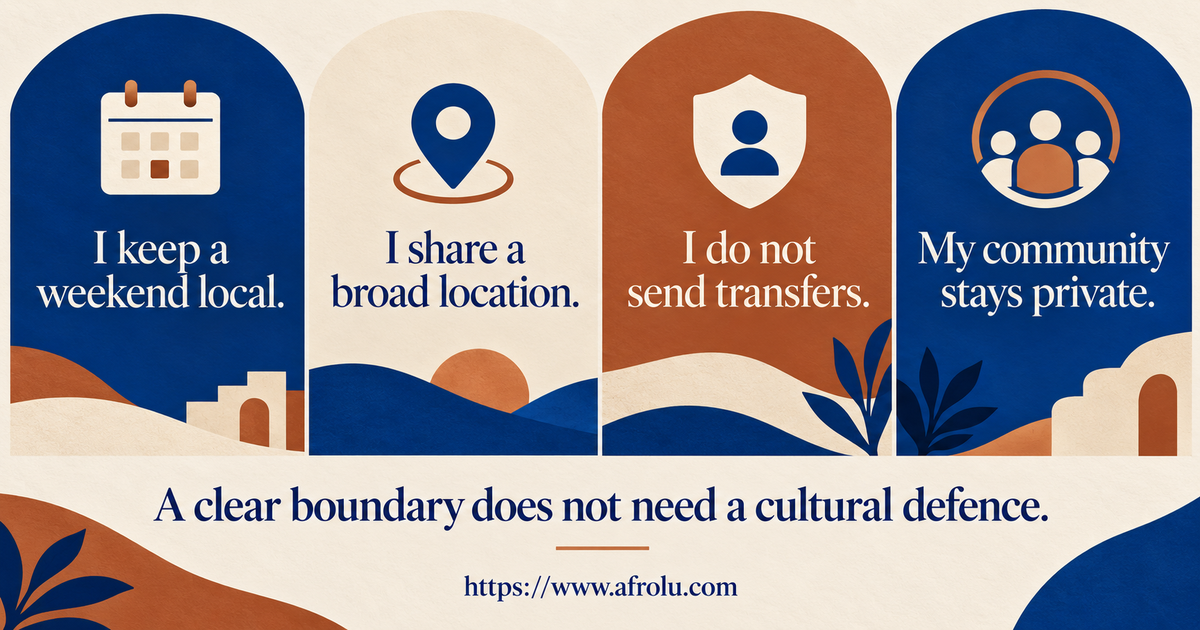 Four plain-language scripts for declining travel, protecting location, refusing money pressure and keeping a diaspora dating weekend low pressure