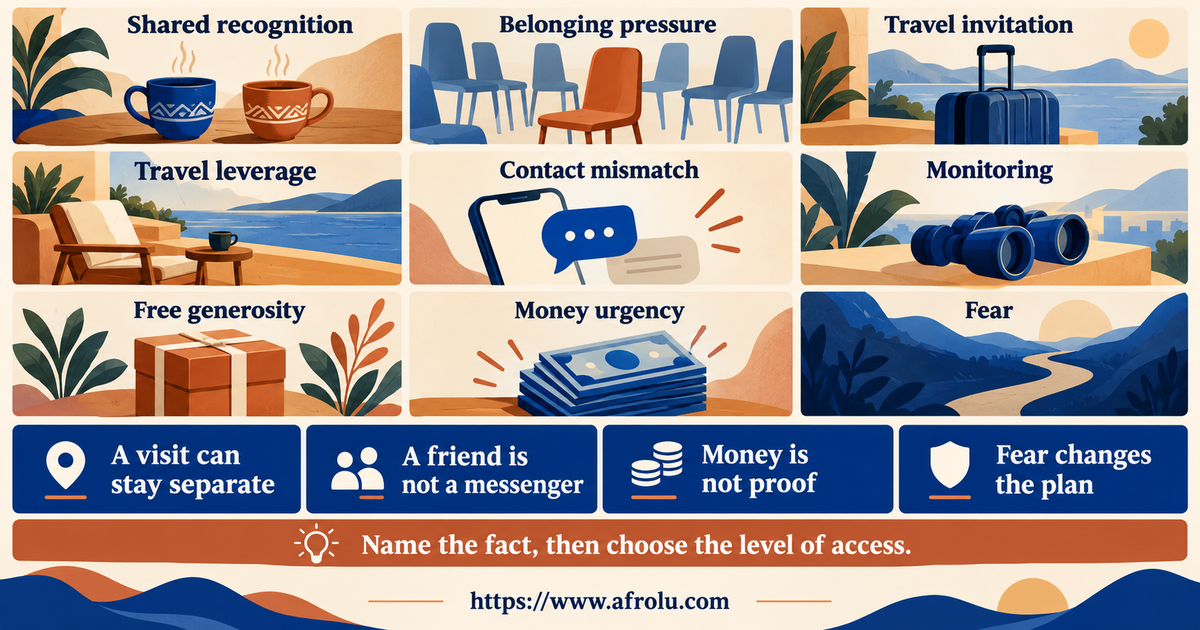 Nine-panel comparison of a respectful invitation, contact mismatch, separate travel, shared-community pressure, private location, free gift, money urgency, repeated contact and fear in diaspora dating