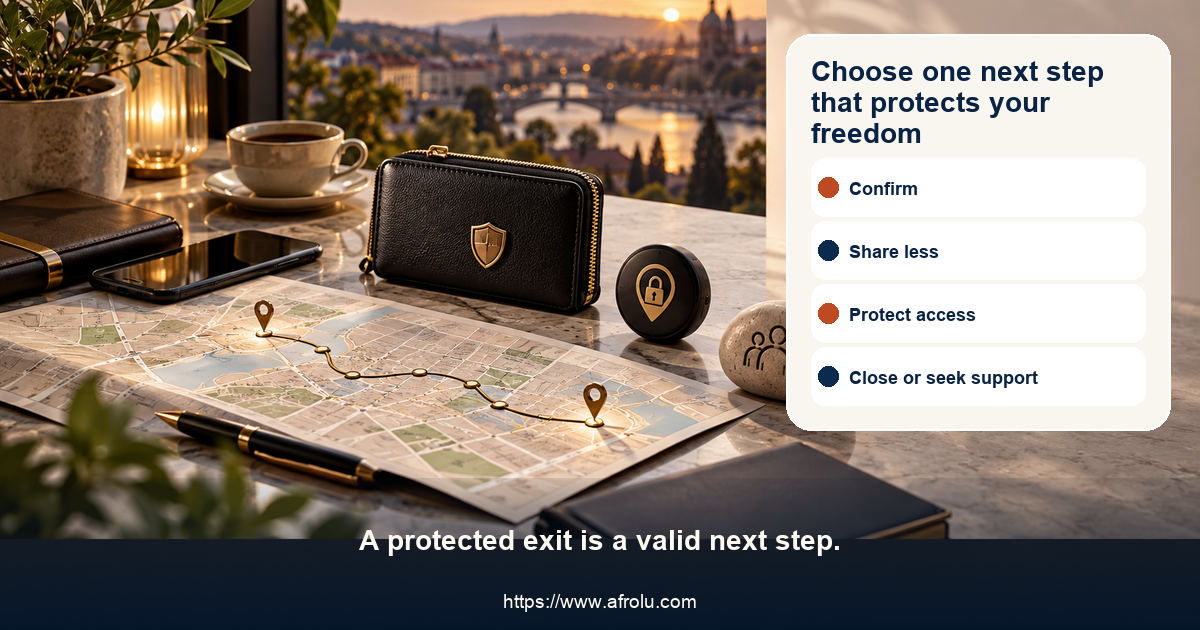 Equal-choice board for an adult diaspora dater with choices to confirm a public plan, share less, protect location, decline money, pause intimacy, end contact, document concern and seek support