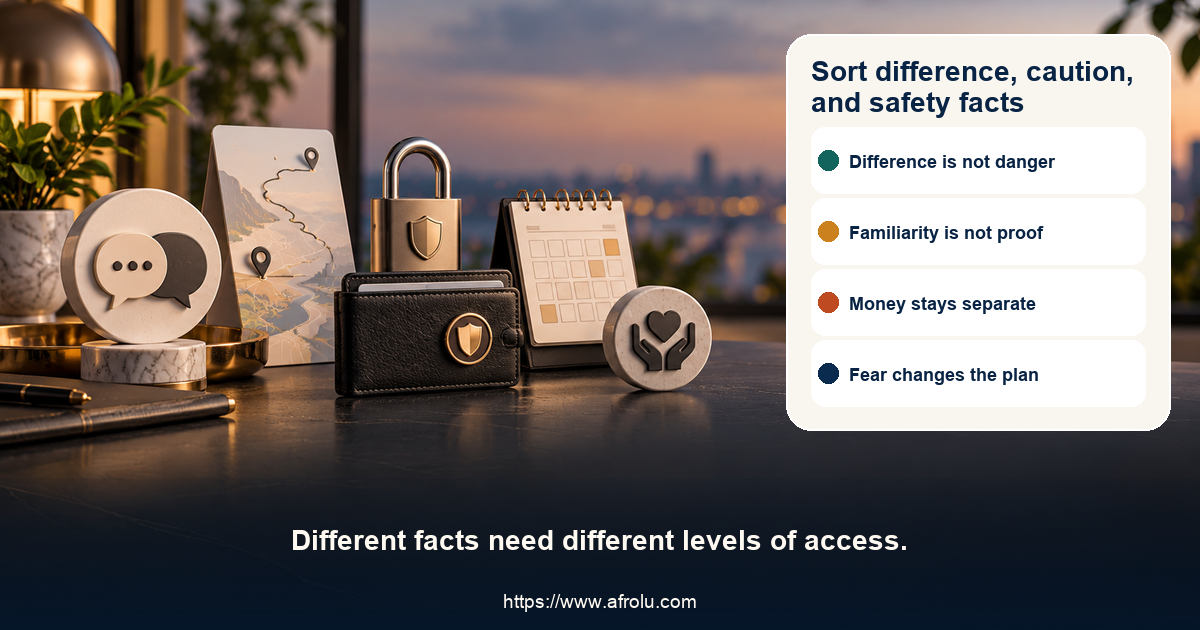 Three-lane signal board separates a cultural difference, honest casual mismatch, reciprocal verification, familiarity leverage, money requests, location pressure and fear for diaspora daters