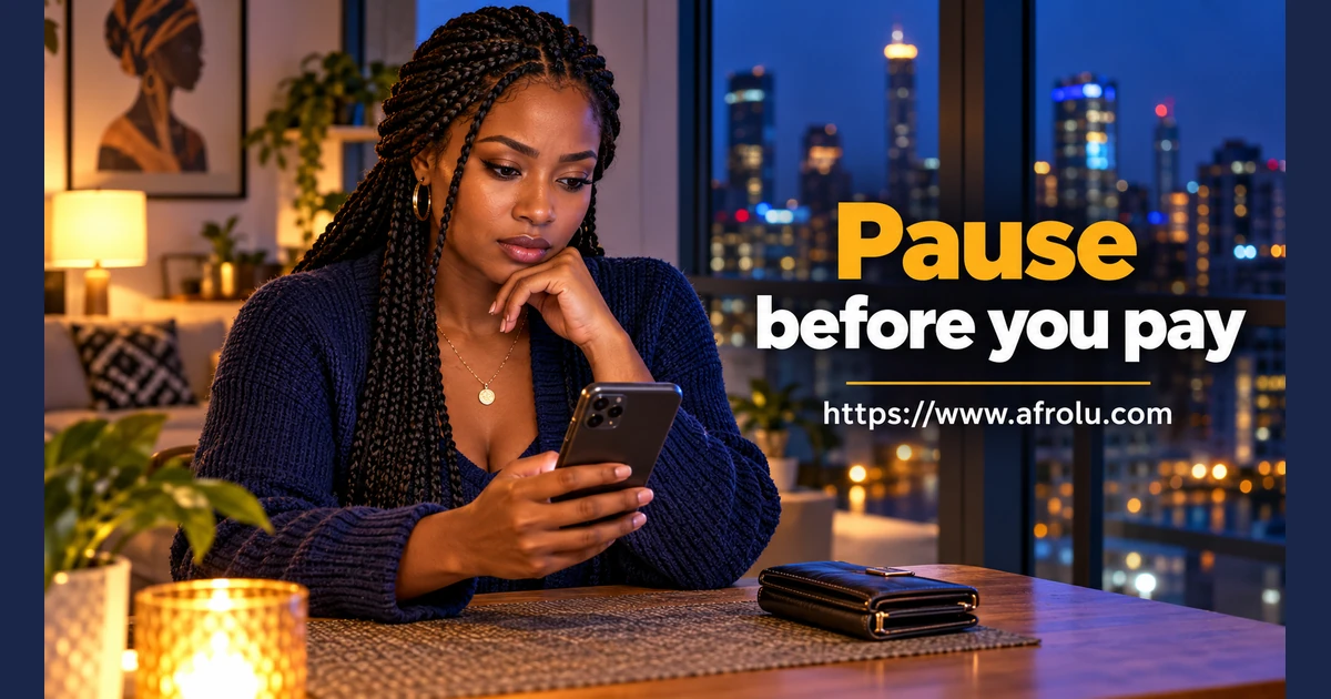 An adult looks at her phone with a closed wallet on the table.