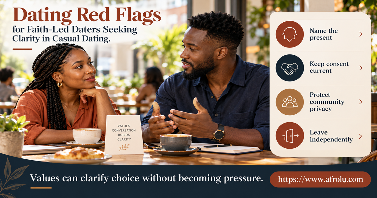 Two adult daters at a public daytime cafe use a faith-led casual dating clarity map with values, public plans, current consent, community privacy and a free exit