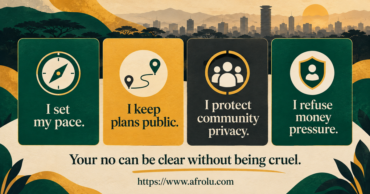 Four plain-language boundary scripts for setting a values-led pace, keeping Nairobi dates public, protecting community privacy and refusing money pressure